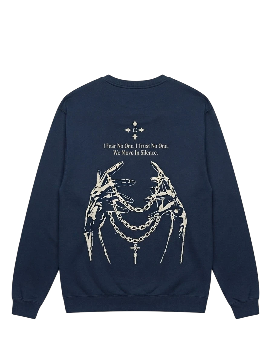 Ravnar NOCTURNE navy heavyweight sweatshirt with white graphic print of skeletal hands holding chains on the back
