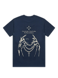 Ravnar Nocturne navy heavyweight cotton t-shirt with back graphic of skeletal hands holding a chain and cross