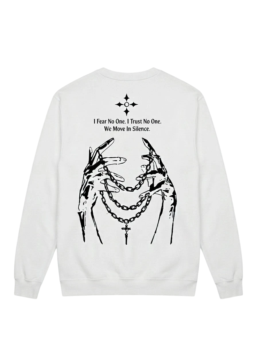Ravnar NOCTURNE white heavyweight sweatshirt featuring a black graphic of hands holding chains on the back.