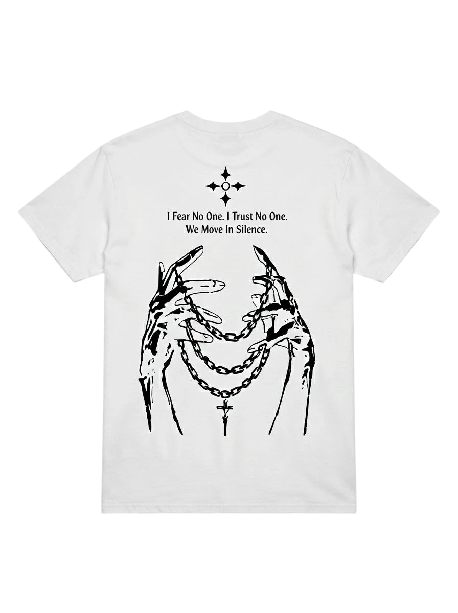 Ravnar Nocturne white heavyweight t-shirt with black graphic print of hands holding chains on the back