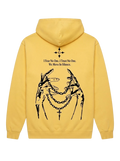 Ravnar NOCRTURNE yellow heavyweight hoodie with black graphic print of skeletal hands and chains on the back