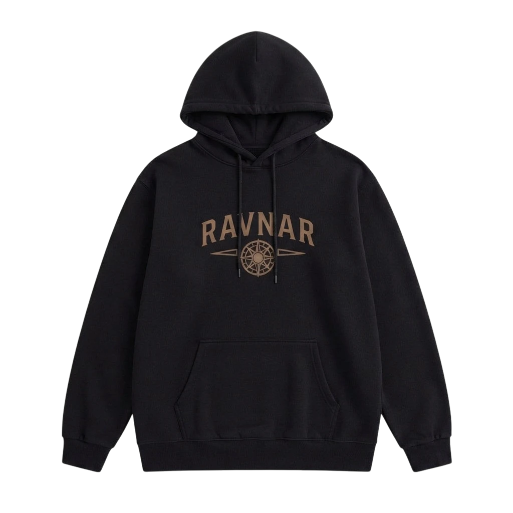Ravnar NORTHSTAR black heavyweight cotton hoodie with a brown compass logo graphic on the chest.