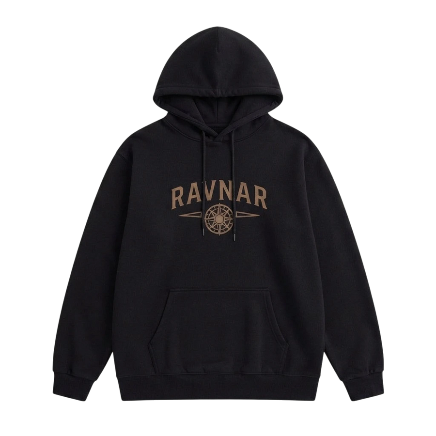 Ravnar NORTHSTAR black heavyweight cotton hoodie with a brown compass logo graphic on the chest.