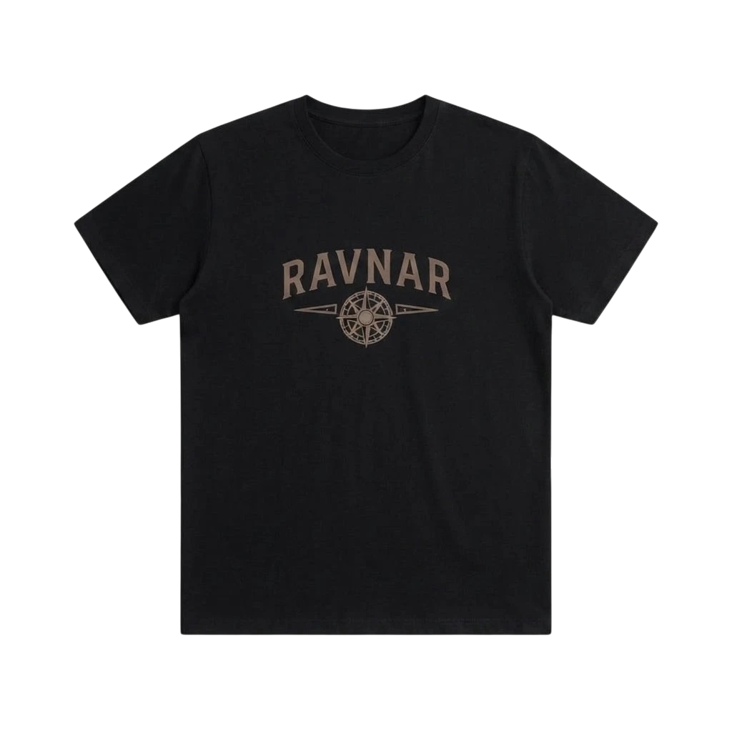 Ravnar Northstar black heavyweight cotton t-shirt with a brown compass logo graphic on the chest.