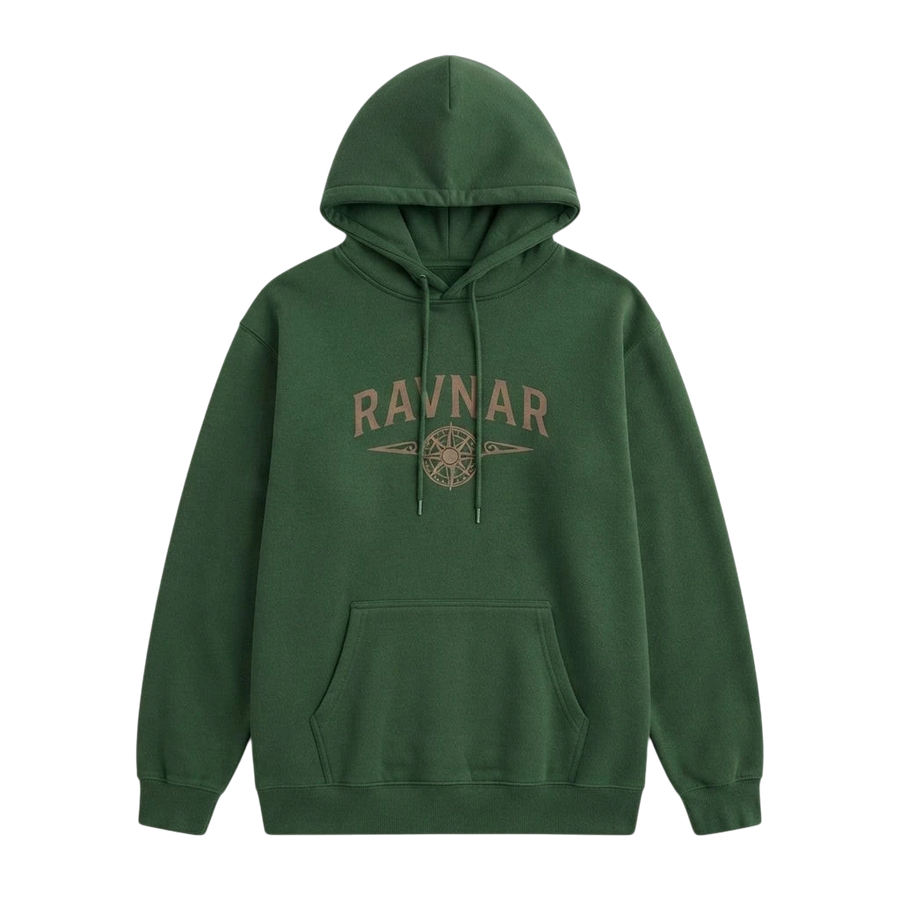 Ravnar NORTHSTAR heavyweight green cotton hoodie with a brown compass logo graphic on the chest