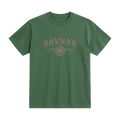 Ravnar Northstar heavyweight green cotton t-shirt with a compass graphic logo on the chest