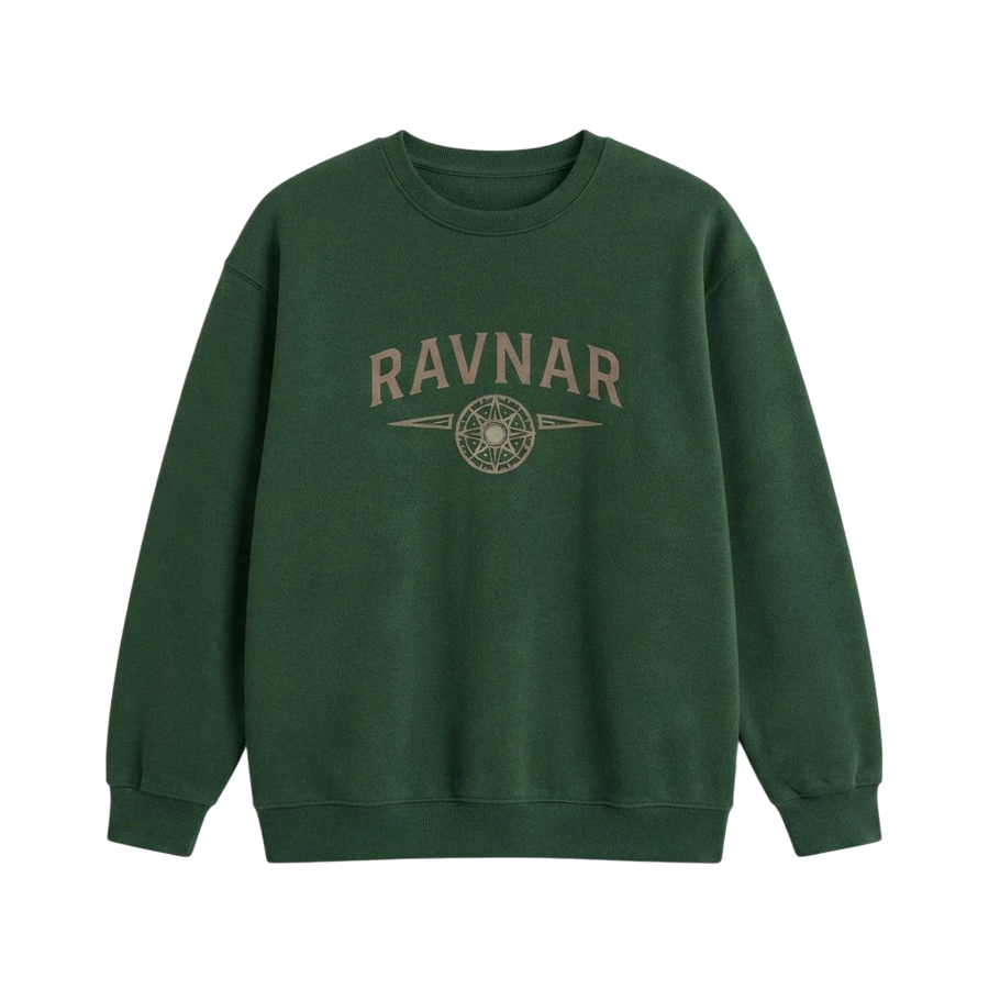Ravnar NorthStar forest green heavyweight cotton sweatshirt with a brown compass logo graphic on the chest.