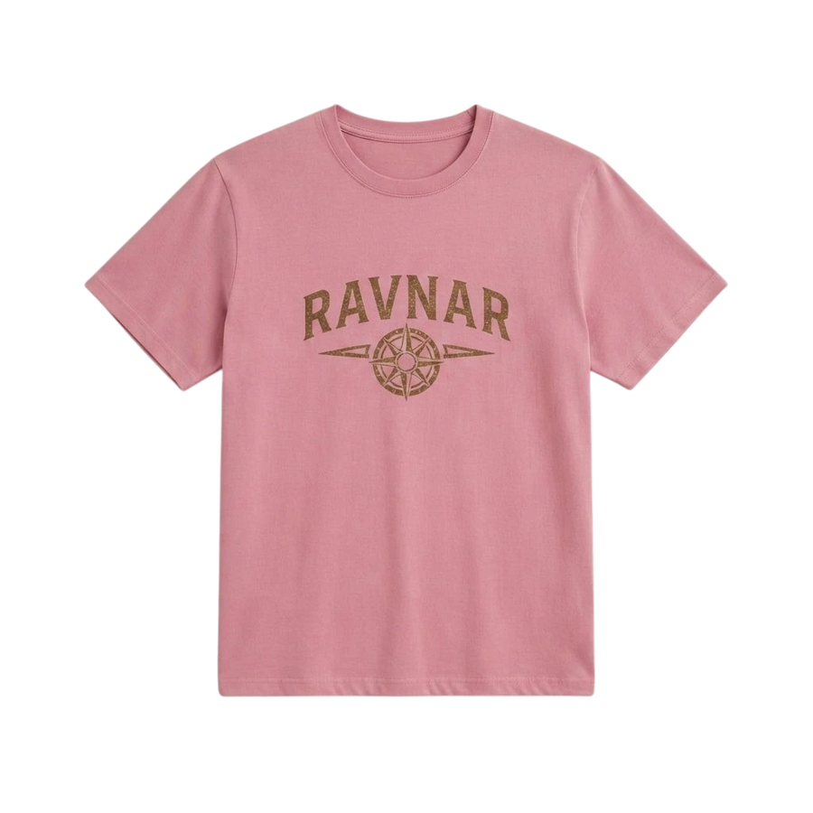 Ravnar Northstar pink heavyweight cotton t-shirt with a vintage-style brown compass graphic on the chest.