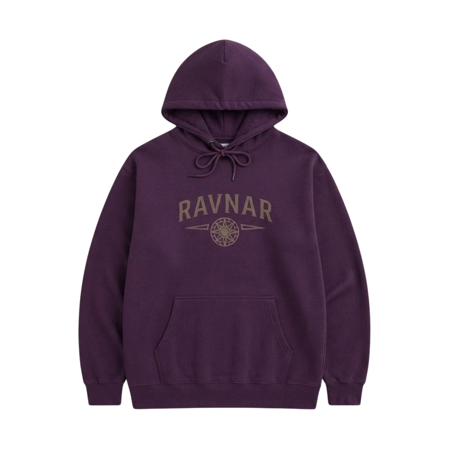 Ravnar NORTHSTAR heavyweight purple cotton hoodie with a front graphic logo and kangaroo pocket