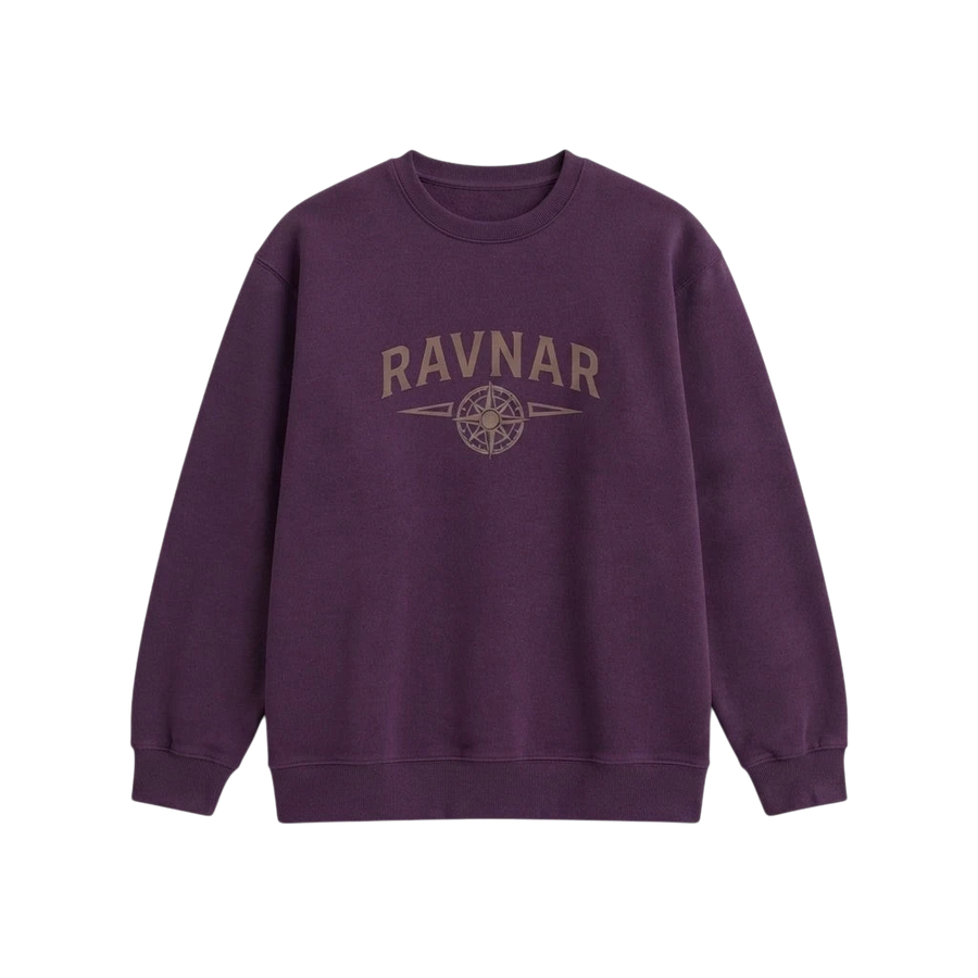 Ravnar NorthStar heavyweight cotton crewneck sweatshirt in deep purple with a compass logo graphic on the chest.