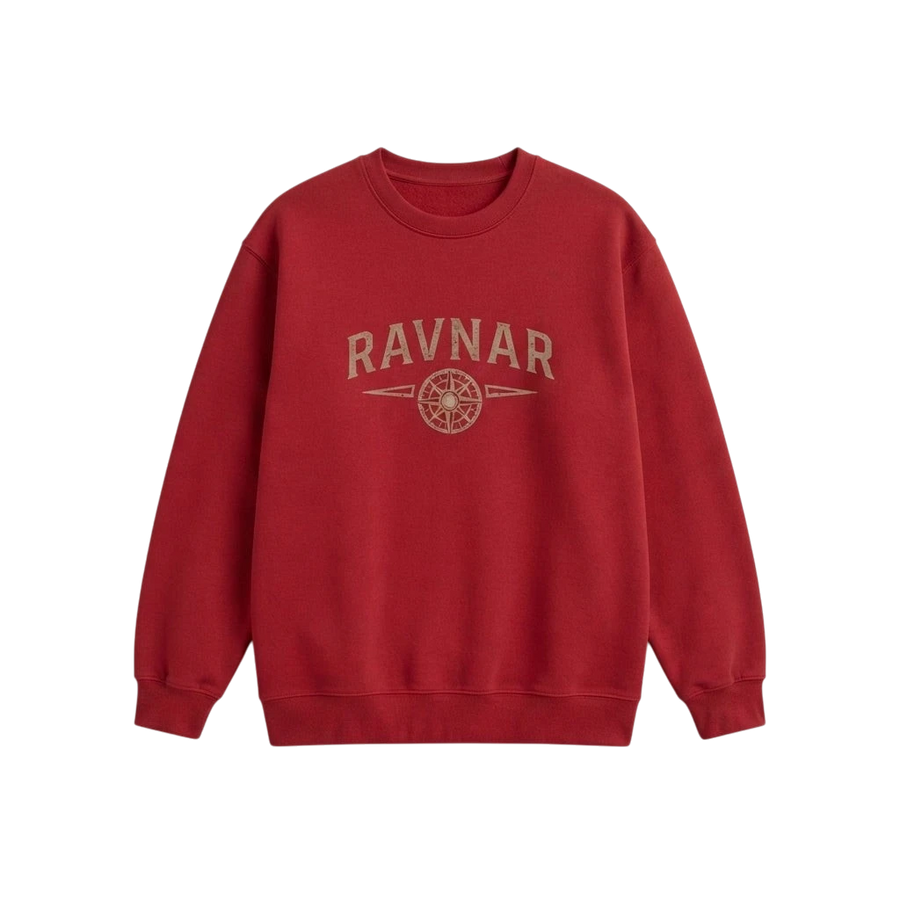 Ravnar NorthStar red heavyweight cotton sweatshirt with a vintage-style compass graphic on the chest
