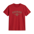Ravnar Northstar red heavyweight cotton t-shirt with a brown compass logo graphic on the chest
