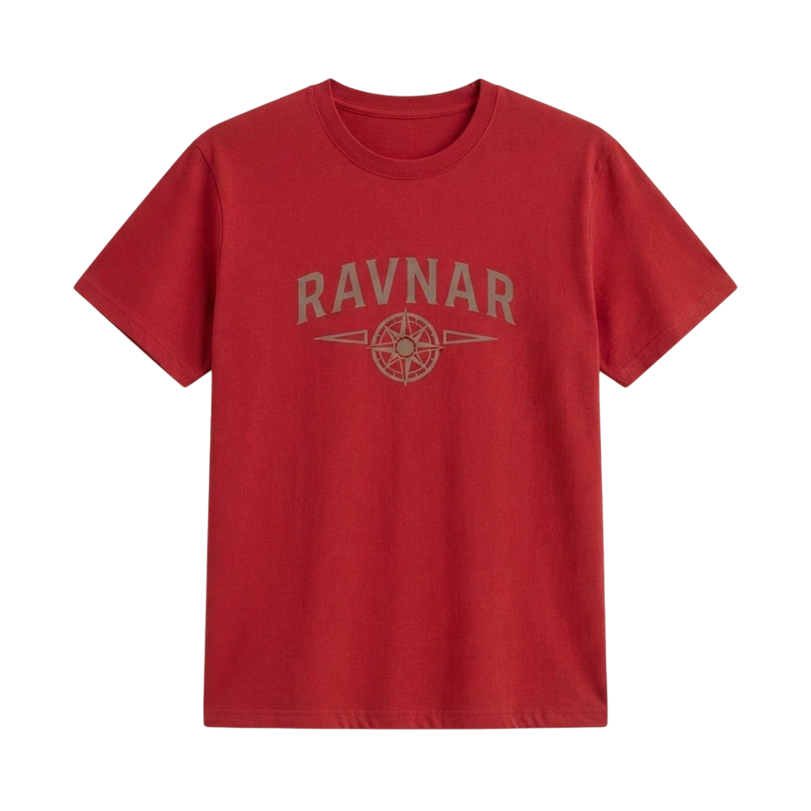 Ravnar Northstar red heavyweight cotton t-shirt with a brown compass logo graphic on the chest