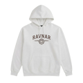 Ravnar NORTHSTAR white heavyweight cotton hoodie with a brown compass logo graphic on the chest.