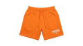 Ravnar orange heavyweight cotton shorts with a relaxed fit, drawstring waist, and white logo detail.