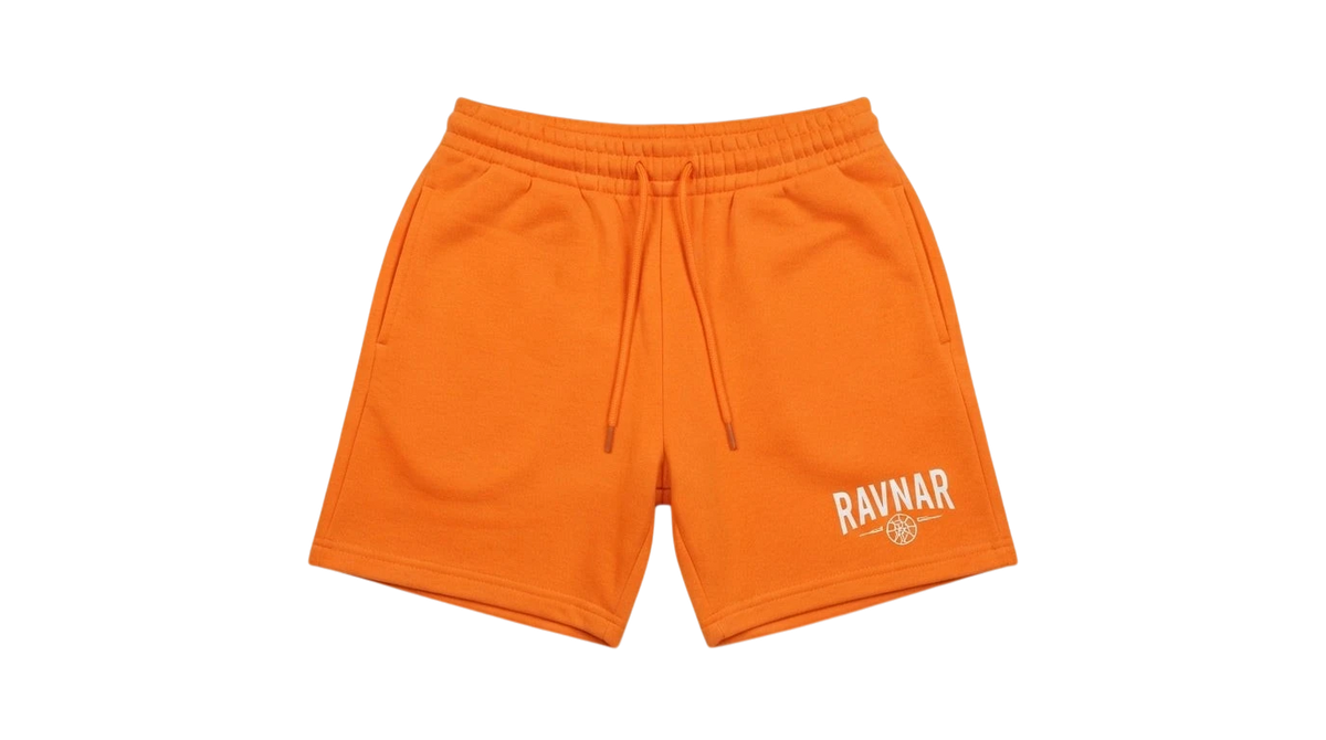 Ravnar orange heavyweight cotton shorts with a relaxed fit, drawstring waist, and white logo detail.