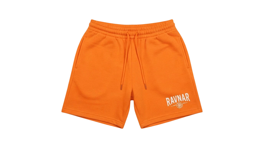Ravnar orange heavyweight cotton shorts with a relaxed fit, drawstring waist, and white logo detail.
