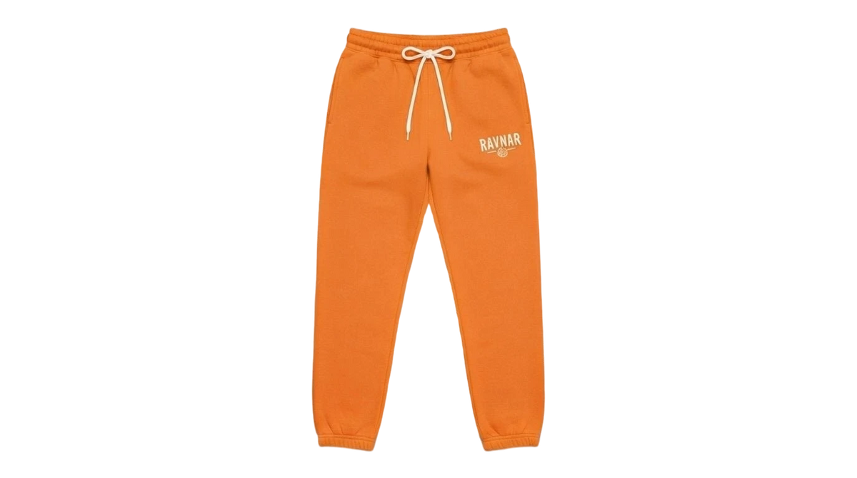 Ravnar orange heavyweight sweatpants with a drawstring waist and embroidered logo on the thigh.