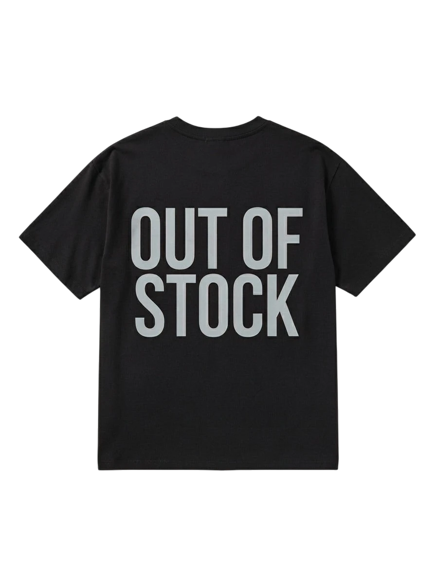 Ravnar black heavyweight cotton t-shirt with Out Of Stock text printed on the back in a structured streetwear fit.
