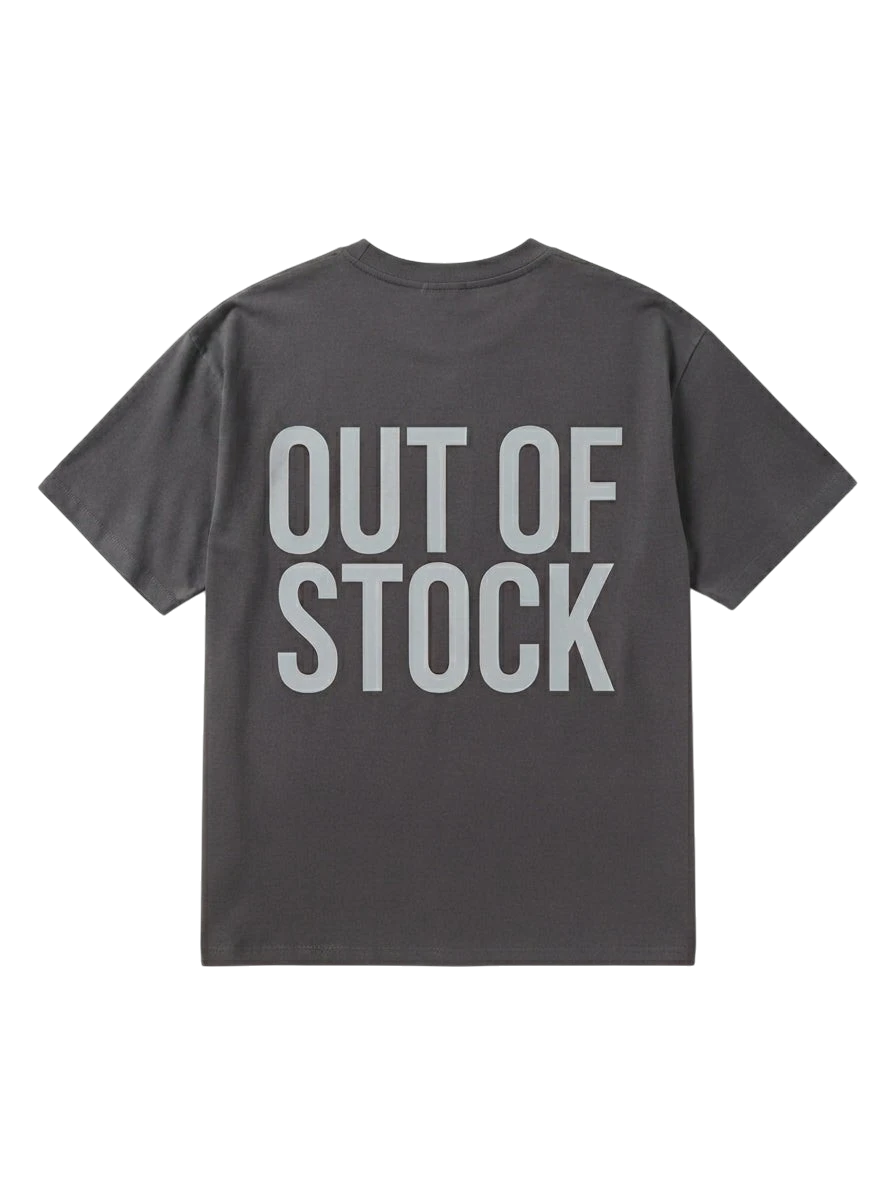 Ravnar Out Of Stock heavyweight charcoal grey t-shirt with bold light grey back graphic print