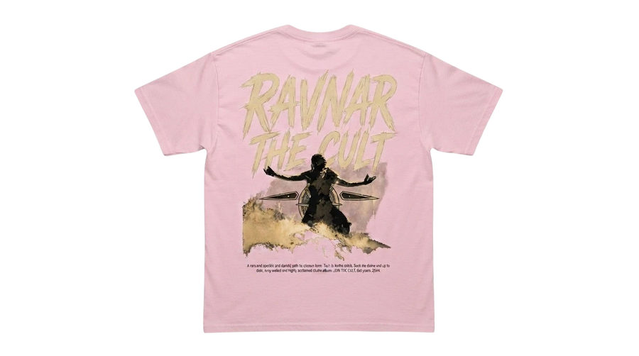 Ravnar The Cult pink heavyweight cotton t-shirt featuring a graphic print on the back with distressed lettering