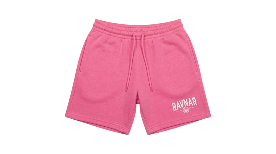 Ravnar pink heavyweight cotton shorts with a relaxed fit, drawstring waist, and white logo detail.
