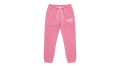 Ravnar pink heavyweight sweatpants with a white drawstring and logo on a grey background.