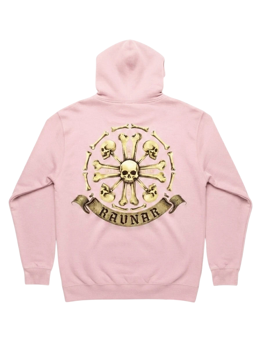 Ravnar Crown of Bones hoodie in light pink featuring a detailed skull and bone graphic on the back