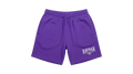 Ravnar purple heavyweight cotton shorts with an elastic drawstring waistband and white logo detail.