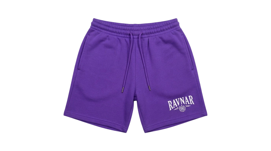 Ravnar purple heavyweight cotton shorts with an elastic drawstring waistband and white logo detail.