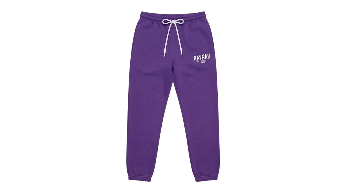 Ravnar purple heavyweight sweatpants with a white drawstring and logo on a grey background