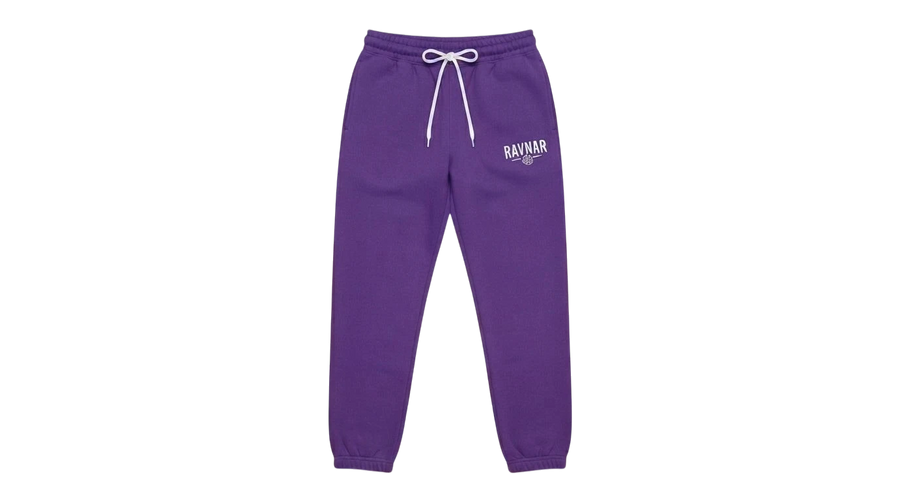 Ravnar purple heavyweight sweatpants with a white drawstring and logo on a grey background