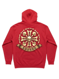 Ravnar Crown of Bones hoodie in red with a detailed skull and bone graphic on the back and a branded ribbon banner.