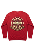 Ravnar Crown of Bones red heavyweight sweatshirt featuring a detailed skull and bone graphic on the back