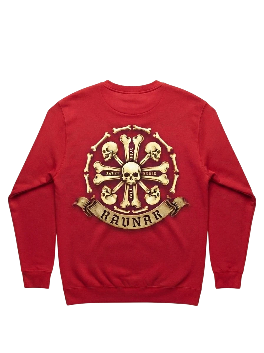 Ravnar Crown of Bones red heavyweight sweatshirt featuring a detailed skull and bone graphic on the back