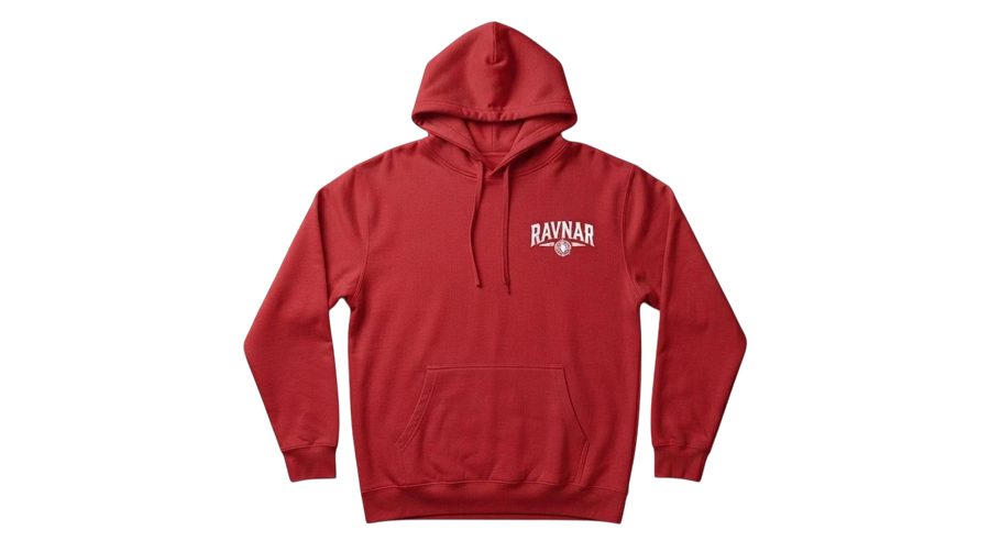 Ravnar red heavyweight cotton hoodie with a white chest logo and drawstring hood