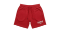 Ravnar red heavyweight cotton shorts with a relaxed fit, drawstring waist, and white logo detail on the leg.