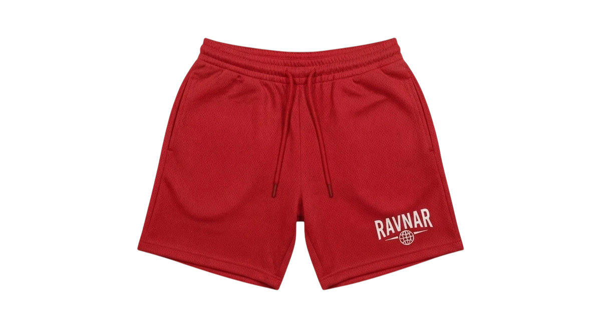 Ravnar red heavyweight cotton shorts with a relaxed fit, drawstring waist, and white logo detail on the leg.