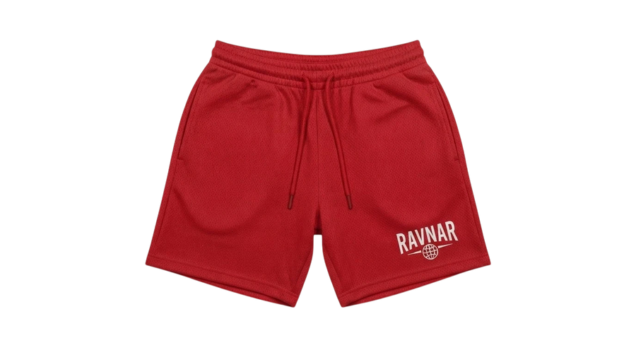 Ravnar red heavyweight cotton shorts with a relaxed fit, drawstring waist, and white logo detail on the leg.