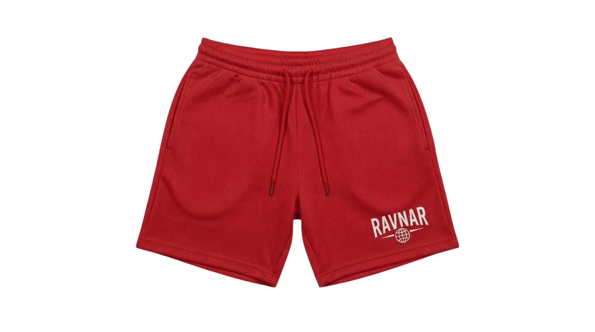 Ravnar red heavyweight cotton shorts with a relaxed fit, drawstring waist, and white logo print on the leg.