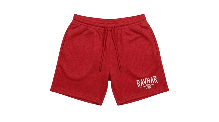 Ravnar red heavyweight cotton shorts with a relaxed fit, drawstring waist, and white logo print on the leg.