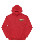Ravnar Crown of Bones hoodie in vibrant red heavyweight fabric with a gold chest logo and front kangaroo pocket.
