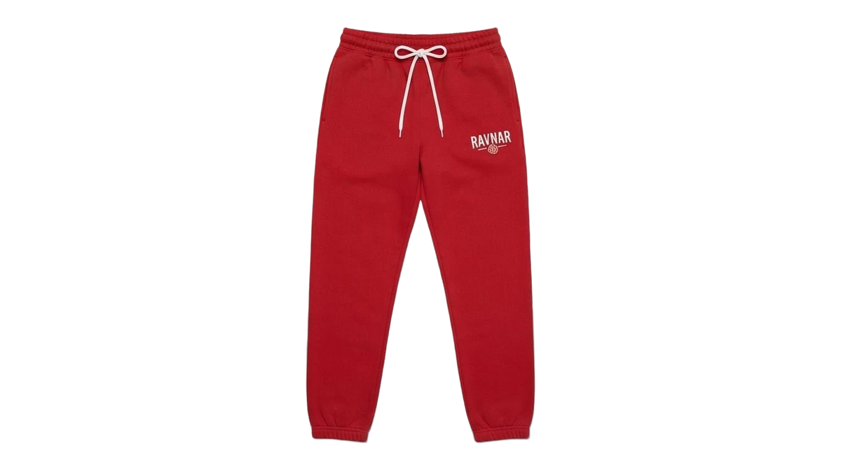 Ravnar red heavyweight sweatpants with a white drawstring and logo on the left thigh in a structured fit.