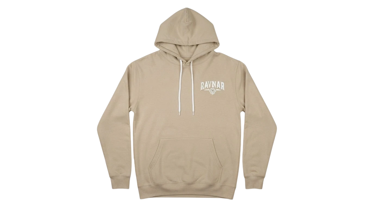 Ravnar Signature hoodie in beige heavyweight cotton with white logo embroidery and drawstring hood
