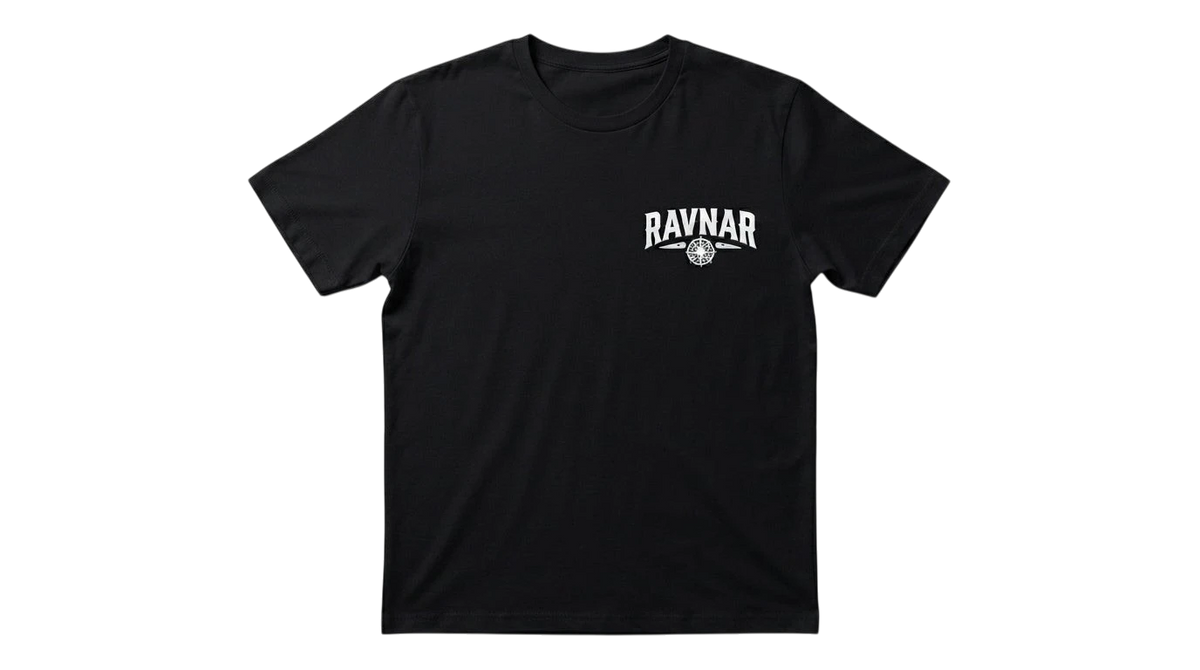 Ravnar Signature black heavyweight cotton t-shirt with white chest logo on a neutral background