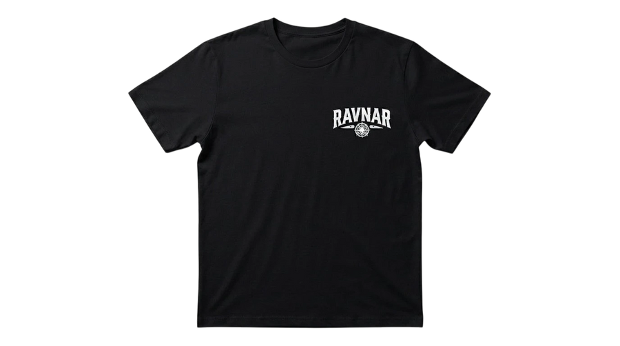 Ravnar Signature black heavyweight cotton t-shirt with white chest logo on a neutral background