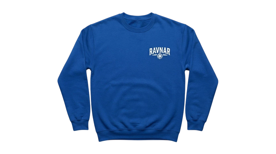 Ravnar Signature royal blue heavyweight cotton sweatshirt with white chest logo on a neutral grey background.