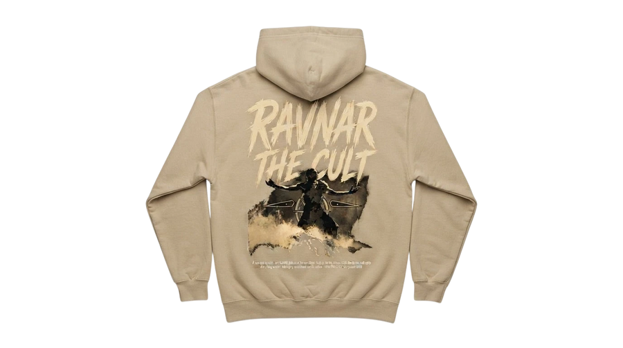 Ravnar The Cult heavyweight beige cotton hoodie with graphic print on the back