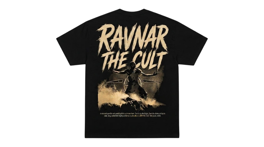 Ravnar The Cult black heavyweight cotton t-shirt featuring a graphic print of a figure on the back