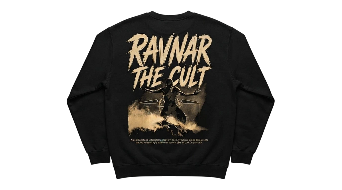 Ravnar The Cult black heavyweight cotton sweatshirt with a large beige graphic print on the back.
